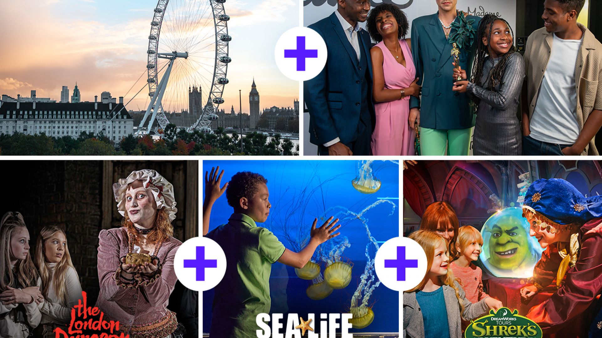 Madame Tussauds London Eye Shrek Adventure SEA Life Centre and London Dunegon Combo NEW