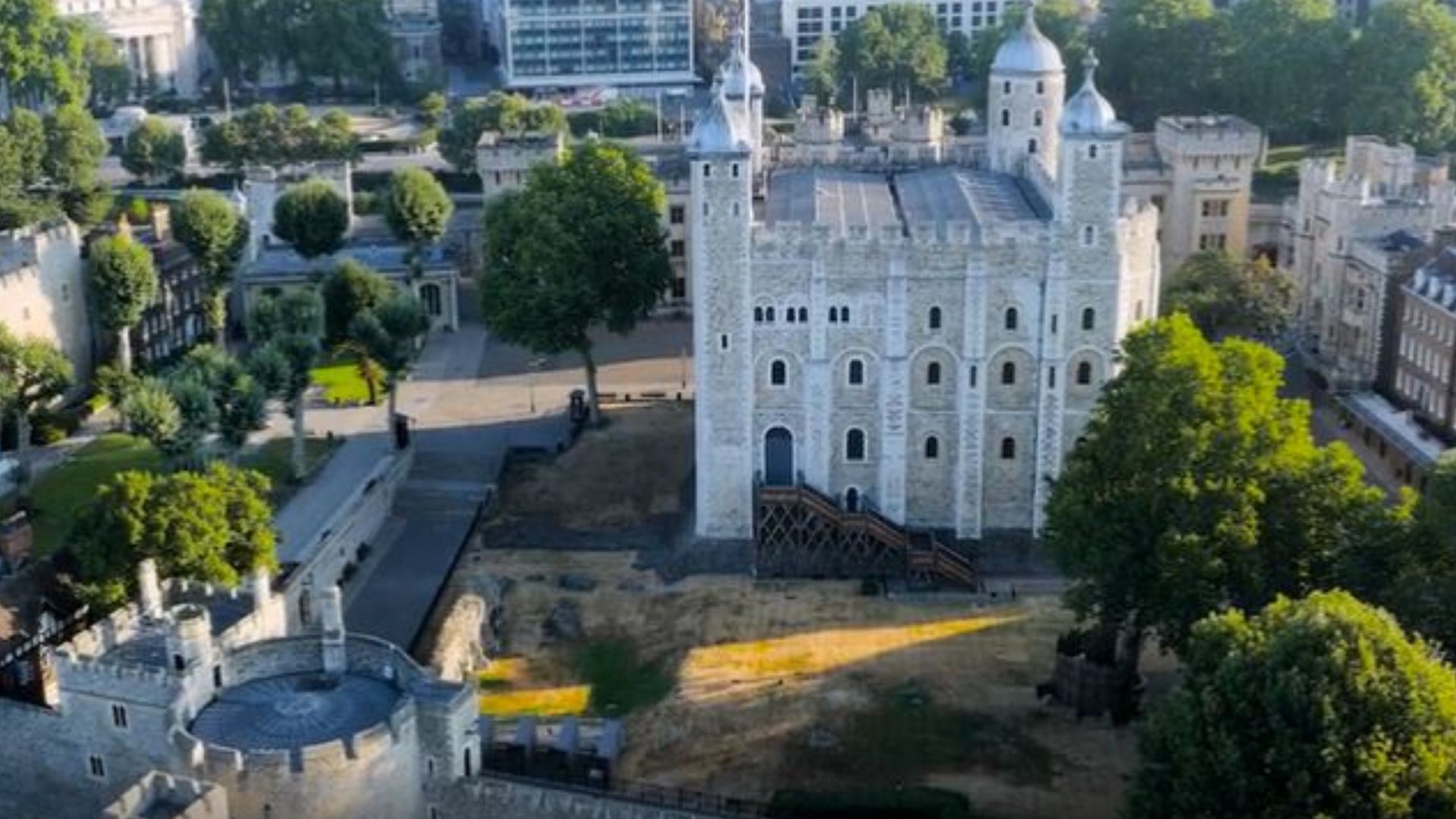 Historic stone towers inside the Tower of London