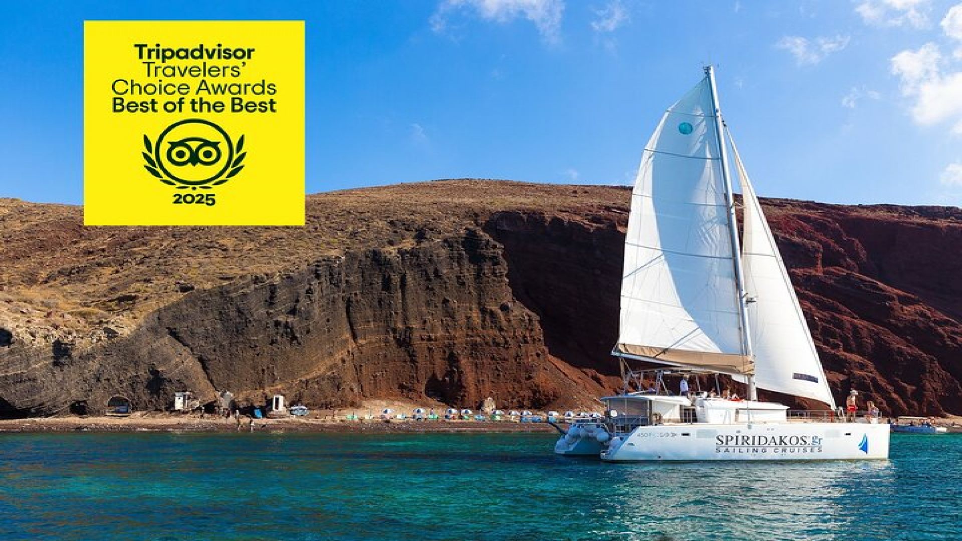 Santorini Classic Catamaran Cruise with BBQ, Drinks and Transfers